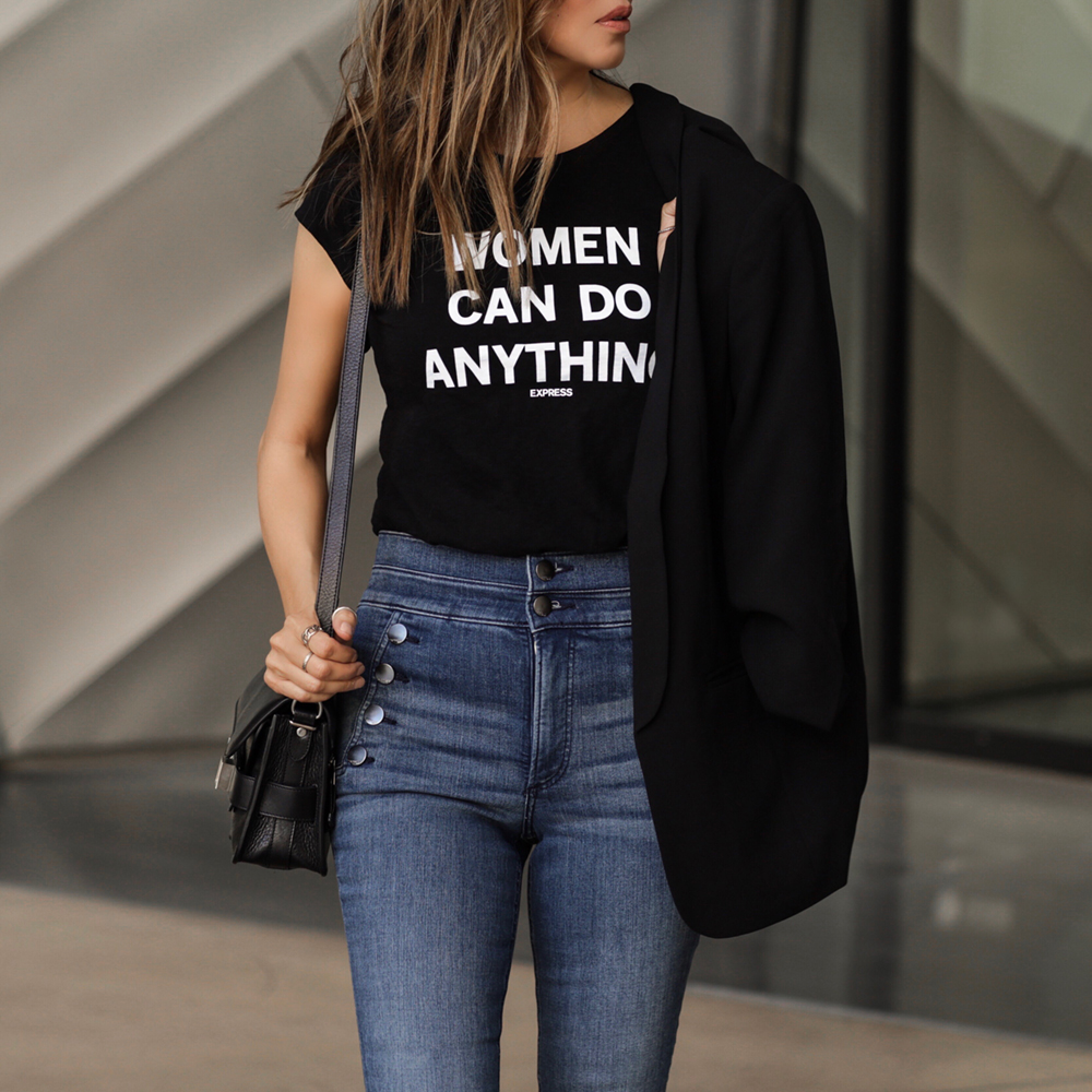 women empowerment in fashion, Express blue jeans, using fashion to empower women, express women empowerment graphic tee | lolariostyle.com