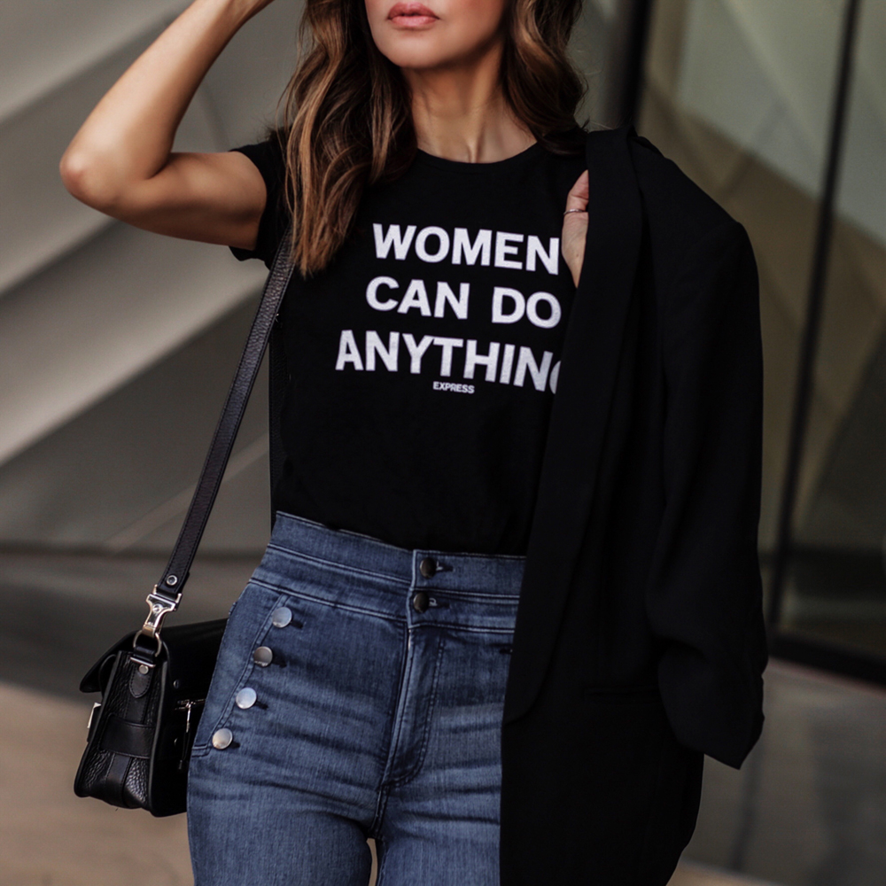 women empowerment in fashion, Express blue jeans, using fashion to empower women, express women empowerment graphic tee | lolariostyle.com